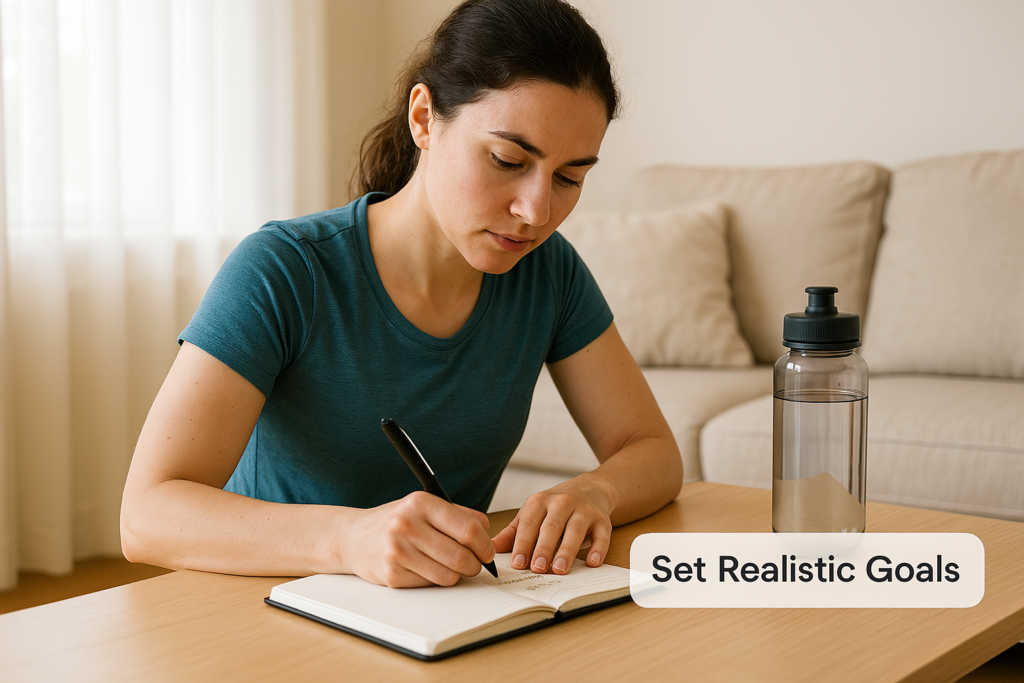 Beginner setting fitness goals in a notebook at home.